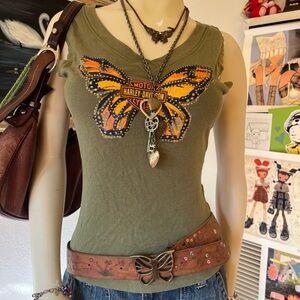 Harley-Davidson Olive Green Tank Top with Orange & Yellow Butterfly